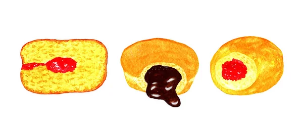 Çörekler Suluboya Reçelli Çikolatalı Donutlar Beyaz Arka Planda Izole Edilmiş — Stok fotoğraf