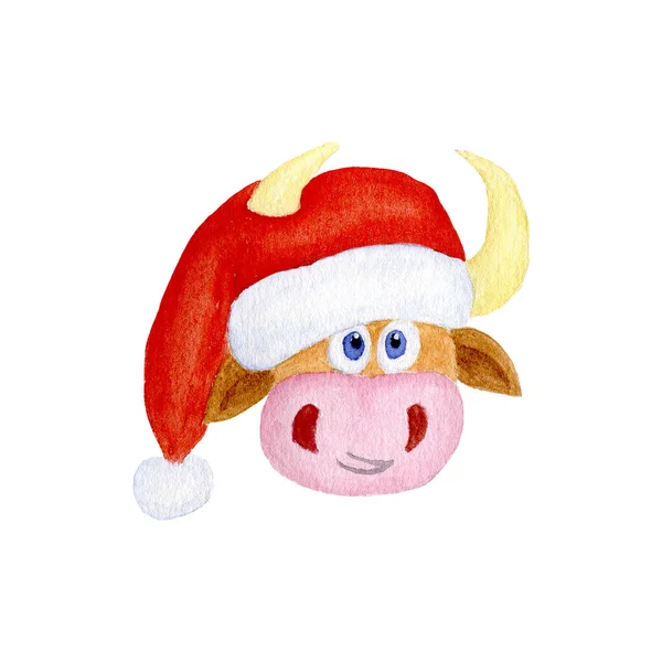 New Year Watercolor Bull 2021 Hat Santa Claus Cartoon Cheerful — Stock Photo, Image