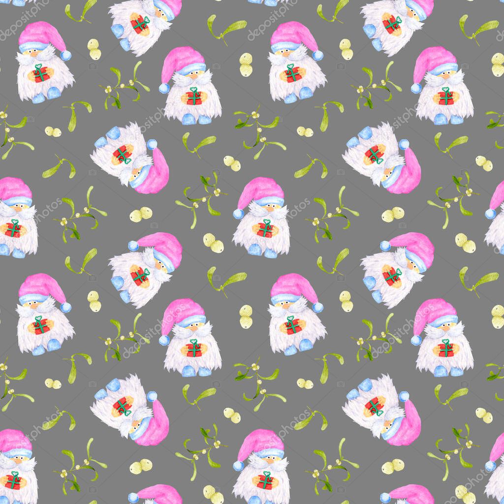 Watercolor Christmas pattern with a gnome in a pink hat and a branch of mistletoe and gift on grey background. Scandinavian trolls, gnomes. Christmas illustration. Winter illustration