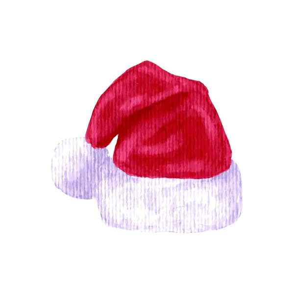 Kırmızı Pelüş Suluboya Noel Baba Vektör Şapkası Yeni Yıl Beyaz — Stok Vektör