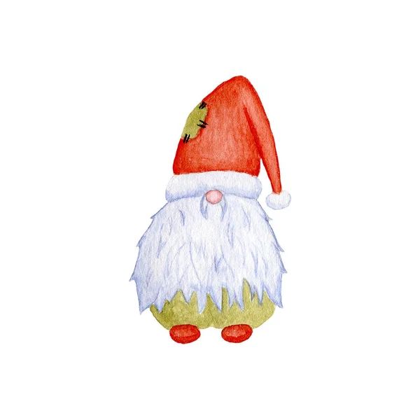 Акварельна Ілюстрація Гнома Великою Бородою Червоним Капелюхом Казковий Герой Різдво — стокове фото