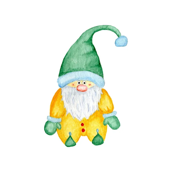 Akvarell Illustration Tomte Gul Overall Och Grön Hatt Med Garnboll — Stockfoto