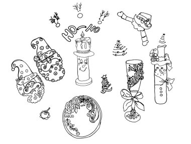 Noel doodle dekorasyon tek tek öğeleri yeni yıl