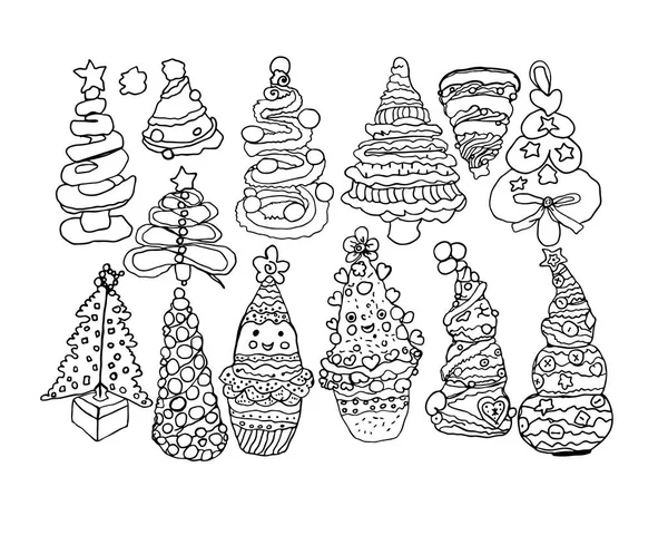 Desenhos de linha de arte contorno de árvores de Natal crianças simples — Vetor de Stock