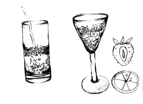 Szemüveg, víz és operatív ceruza kézzel rajzolt rajz — Stock Fotó