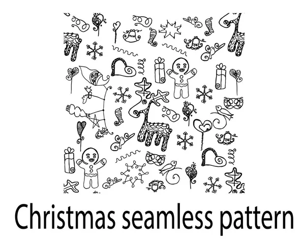 Kerst naadloze patroon herten doodle cookies harten geschenken lijn — Stockvector