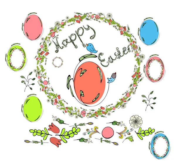 Attribute holiday Easter. Birds, wreaths, brushes, a seamless brush and many multi-colored eggs.