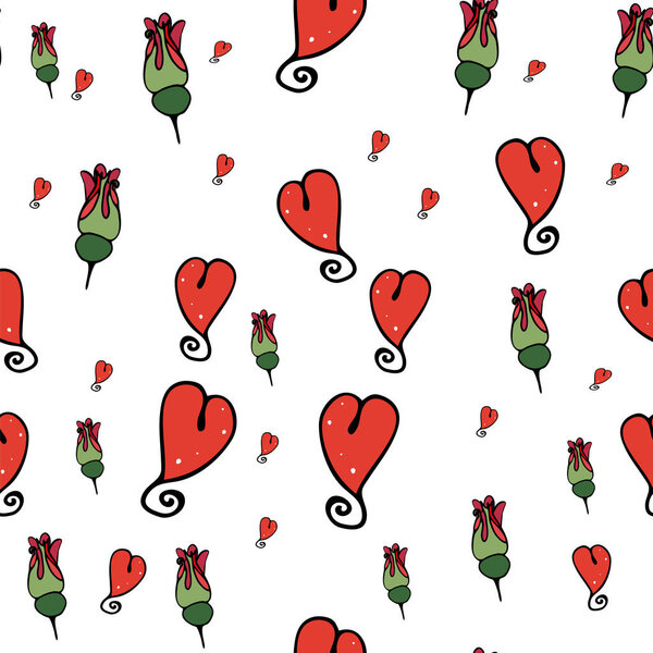 Seamless pattern about love with hands painted hearts and rose bud