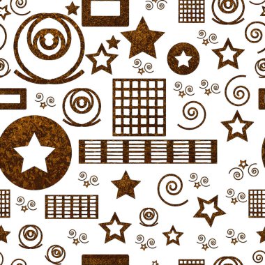 Vektör tek sesli arka plan farklı düz şekiller kahverengi desenli dolgu ile dolu.