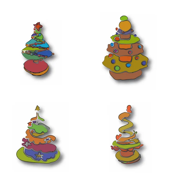 Árvores de Natal desenhadas à mão esboço e pintadas em cores diferentes . — Vetor de Stock
