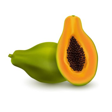Gerçekçi papaya yarısı ile. Tropikal meyve beyaz backhround izole. 