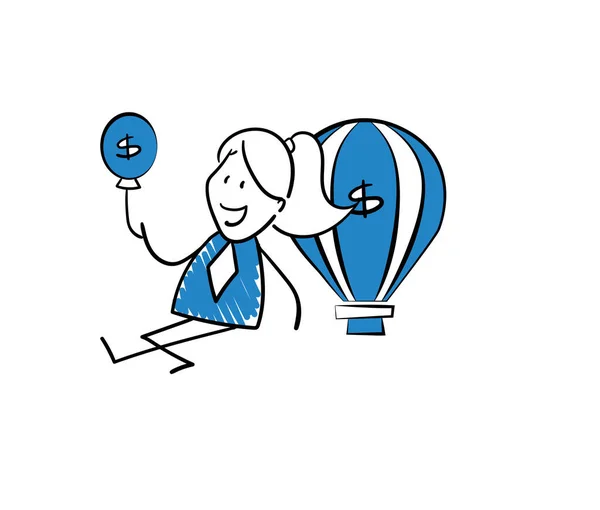 実業家 オフィスワーカーマネージャー 気球付き 少女手描きのドアラインアート漫画のデザインキャラクター 絶縁ベクトルイラスト女性の概要 — ストックベクタ