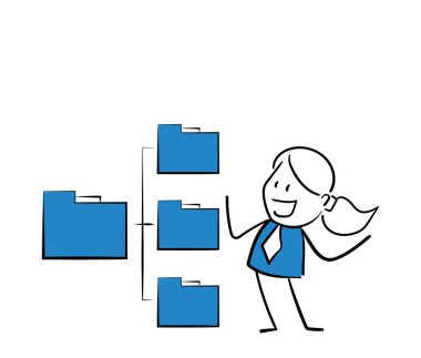 İş kadını- Dosyaları olan ofis çalışanı yöneticisi. Kız el çizimi karalama çizimi çizimi çizimi çizimi karakteri - beyaz arkaplan vektör illüstrasyon hatlarıyla izole edilmiş kadın çizimi.