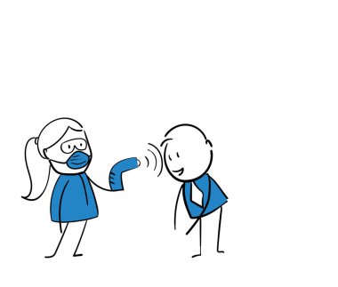 İş kadını ve işadamı. Termometresi olan ofis çalışanı yöneticiler. Kız ve erkek el çizimi karalama çizimi çizimi çizgi film karakterleri - beyaz arkaplan vektör illüstrasyon hatları üzerinde izole kadın ve erkek.