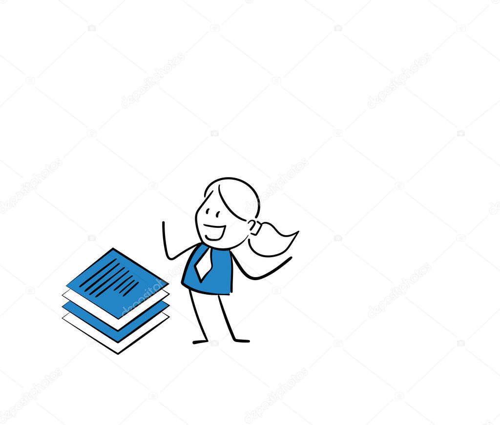 Businesswoman - Office worker manager with papers. Girl hand drawn doodle line art cartoon design character - isolated on white background vector illustration outline of woman.