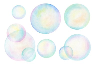  Beyaz arkaplanda bir dizi suluboya element sabun köpüğü