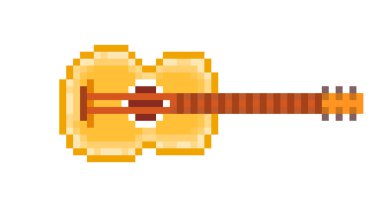 Sarı ağaç altı dize akustik gitar, beyaz arka plan üzerinde izole piksel sanat simge. Müzik mağazası logosu. Halk Festivali işareti. Eski okul 8 bit slot makinesidir piktogram. Retro 80'ler; 90s video oyun grafik.