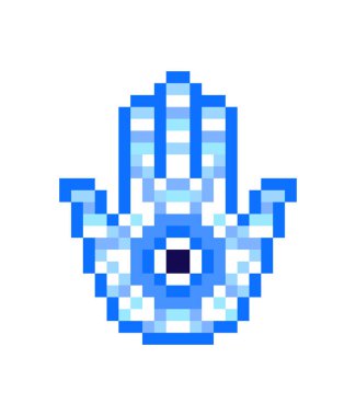 Hamza el nazar, beyaz arka plan üzerinde izole piksel sanat simge ile mavi. Yahudi büyü muska sembolü. Dini koruma işareti. İsrail hatıra. Takı Kolye, nazar ve lanet karşı savunma