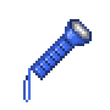 Mavi plastik cep feneri, beyaz arka plan üzerinde izole piksel sanat simge. Taşınabilir elektrik meşale sembol. Yardımcı aygıt. Retro 80'ler, 90s video oyun grafikler. Eski okul 8 bit slot makinesidir piktogram.