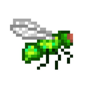  Beyaz arka plan üzerinde izole ortak yeşil şişe sineği, piksel sanat simge uçan. Sinek işareti. Böcek sembolü. Eski okul 8 bit slot makinesidir piktogram. Retro 80'ler; 90s video oyun grafikler. Sinek kağıdından logosu.