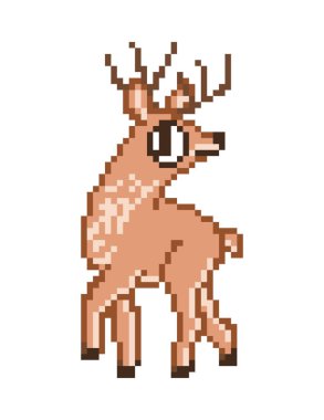 Sevimli küçük kahverengi geyik, beyaz arka plan üzerinde izole karikatür piksel sanat karakter. Orman hayvan. Yaban hayatı memeli. Hayvanat Bahçesi maskotu. Eski okul 8 bit slot makinesidir piktogram. Retro 80s 90s video oyun grafik