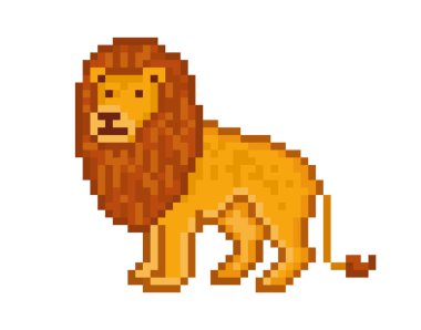 Aslan sarı, beyaz arka plan üzerinde izole piksel sanat karakter karikatür. Safari hayvan. Hayvanat Bahçesi logosunu görmeniz gerekir. Afrika'nın sembolü. Yaban hayatı etobur. Eski okul 8 bit slot makinesidir simgesi. Retro 80s 90s video oyun grafik.