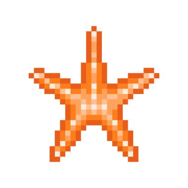 Turuncu denizyıldızı, beyaz arka plan üzerinde izole piksel sanat sembol. Mercan, akvaryum, oceanarium deniz yıldızı logosu. Sualtı hayvan. Eski okul 8 bit slot makinesidir simgesi. Retro 80'ler; 90s video oyun grafik