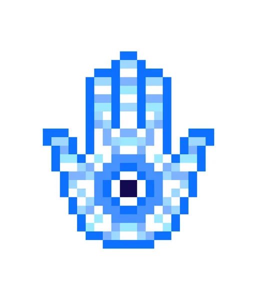 Mano Hamsa Azul Con Nazar Icono Pixel Art Aislado Sobre — Archivo Imágenes Vectoriales