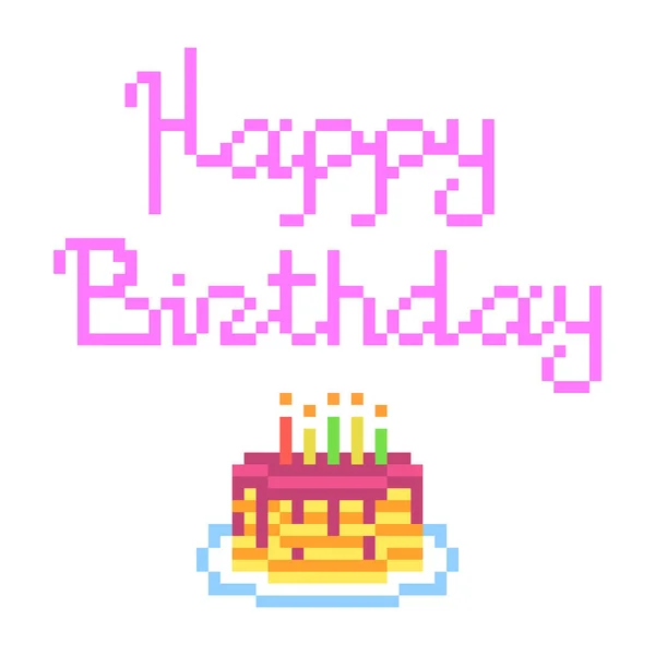 Retro Évek Pixel Art Boldog Születésnapot Kártya Szavak Torta Csöpög — Stock Vector