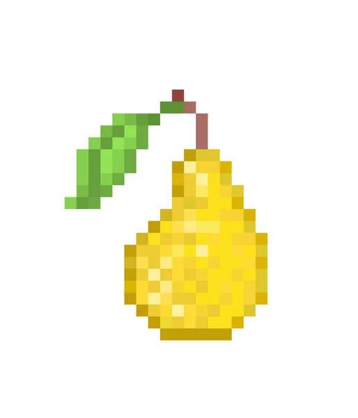 Pera Amarilla Con Hoja Icono Pixel Art Aislado Sobre Fondo — Vector de stock