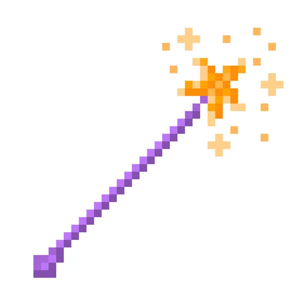 Baguette Magique Violette Avec Étoile Brillante Dorée Étincelles Icône Pixel — Image vectorielle