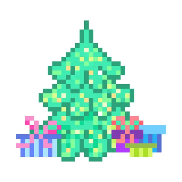 Presentes Torno Árvore Natal Iluminada Cena Arte Pixel Bits Isolada — Vetor de Stock