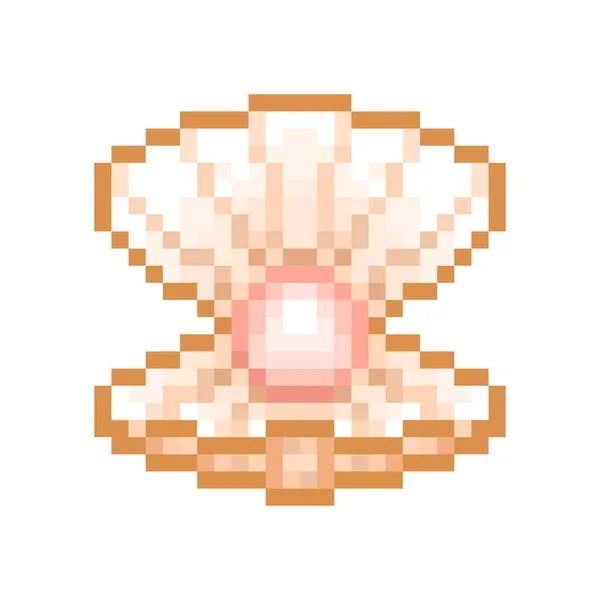 Değerli bir kabuk inci, piksel sanat nesnesi izole beyaz arka plan üzerinde. Lüks gemstone simgesi. Deniz hazinesi. Eski okul 8 bit slot makinesidir piktogram. Retro 80'ler; 90s video oyun grafik.