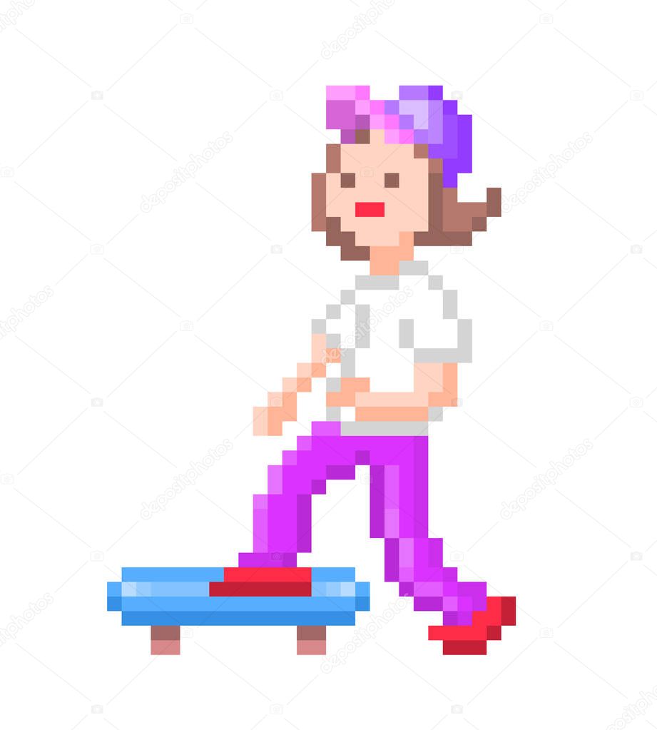 Fit teenage girl riding skateboard, pixel art character isolated on white background. Summer city activity. Extreme urban action sport. Skatepark mascot. Healthy lifestyle symbol. Retro game graphics.