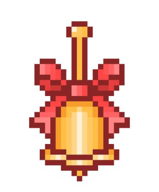 Altın çan saplı kırmızı şerit yay, beyaz arka plan üzerinde izole piksel sanat simge ile dekore edilmiştir. Okul nesnesine geri. Uyarı işareti. Noel ornamet. Retro 80s 90s 8 video oyunu grafik bit.