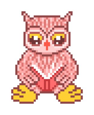 Beyaz arka plan üzerinde oturan ve okuma bir kitap, karikatür çizgi roman tarzı piksel sanat karakter sevimli akıllı baykuş izole. Kütüphane logosunu görmeniz gerekir. Okul maskotu. Eğitim / sembol öğrenme. Retro 8 bit video oyun grafik