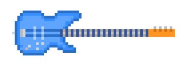 Blue wooden four string bass guitar, pixel art icon isolated on white background. Music store logo. Rock show emblem. Old school 8 bit slot machine pictogram. Retro 80s; 90s video game graphics. clipart