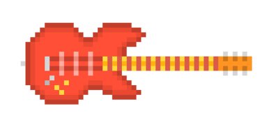 Kırmızı ahşap altı dize electirc gitar, beyaz arka plan üzerinde izole piksel sanat simge. Müzik Mağazası logosu. Rock gösterisi amblemi. Eski okul 8 bit slot makinesidir piktogram. Retro 80'ler; 90s video oyun grafik.
