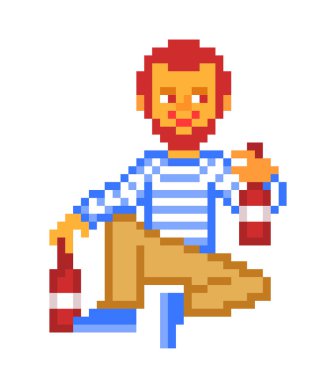 Sarhoş adam iki şişe bira/şarap, beyaz arka plan üzerinde izole karikatür piksel sanat karakter ile. Alkol bağımlılığı Illustration. Sosyal sorun. Parti adamı. Berduş adam güçlü içecekler içme.