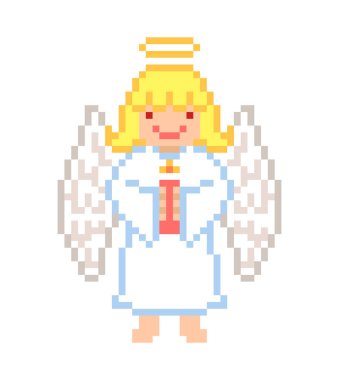 Küçük melek kız bir mum, beyaz arka plan üzerinde izole piksel sanat karakter. Neşeli Noel kartı. Dini bayram. Eski okul 8 bit retro 80'ler, 90s video oyun grafikler. Düğün çocuk maskot.