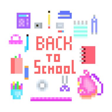 Eski okul piksel sanat okul yazı ve ileti örneği simgeleri: kalem, kurşun kalem, kalemtıraş, zımba, hesap makinesi, defter, silgi, yapıştırıcı, makas, sırt çantası, pusula, cetvel, office teyp ile yazdırma için