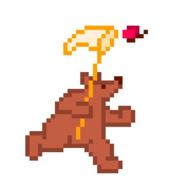 Beyaz arka plan üzerinde kelebek net, sevimli vektör piksel sanat ile takip ayı. Hobi toplama böcek. Yaz açık hava etkinliği. Yaban hayatı hayvan karakter karikatür. Retro 8 bit video oyun grafik.