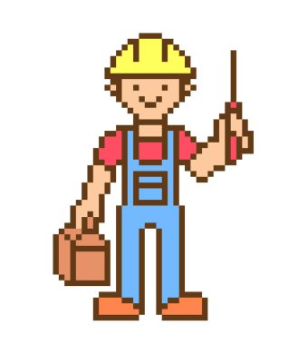 Profesyonel çalışan üniforma ve güvenlik kask holding tamir aracı durumda ve tornavida, beyaz arka plan üzerinde izole piksel sanat karakter içinde. Retro vintage 80s; 90'lı yılların slot makinesidir/video oyun grafik.