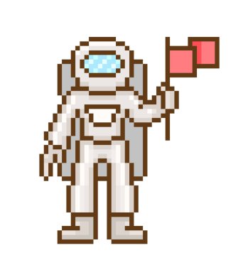 Astronot beyaz uzay giysisi ve kırmızı bayrak, beyaz arka plan üzerinde izole piksel sanat karakter tutan kask. Retro 80'ler; 90'lı yılların slot makinesidir/video oyun grafik. Kozmik macera kahraman. Astronomi maskot.