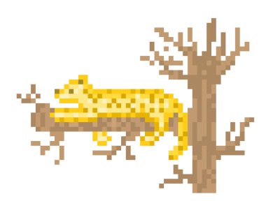 Beyaz arka plan üzerinde leopar ağaca, çizgi film piksel sanat karakteri istirahat izole. Vahşi kedi, yaban hayatı Hayvanat Bahçesi etobur. Afrika safari hayvan sahne. Retro 80'ler; 90'lı yılların slot makinesidir/video oyun grafik.