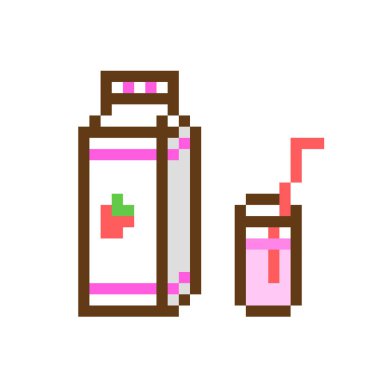 Piksel sanat çilekli milkshake/yoğurt/suyu/kokteyl/güler yüzlü bir karton kutuda bir cam bardağı taşıran damla içme ile görev yaptı. Süt İçecek beyaz arka plan üzerinde izole yenileniyor. Sağlıklı Kahvaltı/Öğle Yemeği.