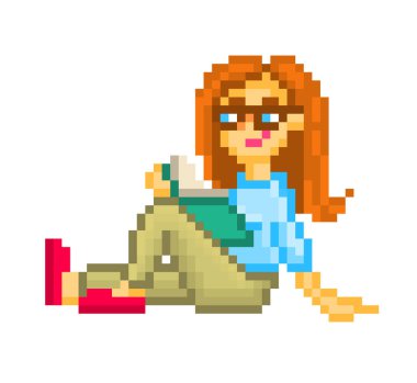 Eğitim, beyaz arka plan üzerinde izole piksel sanat karakter rahat poz katta oturan kız. Kitap kurdu öğrenci okuma. Bir kağıt kitapla istirahat kadın. Kütüphane maskotu. Eğitim sembolü.