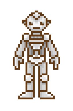Beyaz arka plan üzerinde izole piksel sanat robot. Retro 80'ler; 90'lı yılların slot makinesidir/video oyun grafik. Bilim-kurgu karakter. 8 bit karikatür android. Yapay zeka yardımcı. Robotik sınıf maskot.