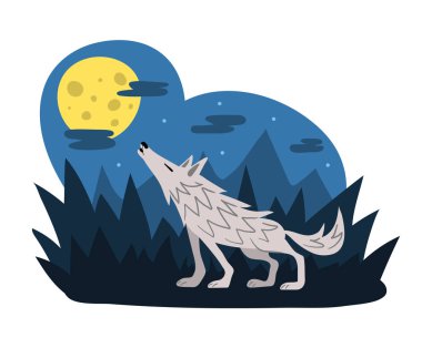 Ay gece, düz stil vektör çizim, ormanda, uluyan kurt. Gece yarısı kurt adam shapeshifting ormanın içinde. Sevimli çizgi hayvan karakter. Cadılar Bayramı sahne.