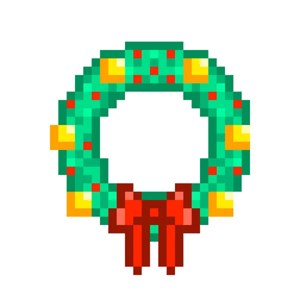 Couronne Noël Avec Boules Ruban Rouge Arc Icône Pixel Art — Image vectorielle